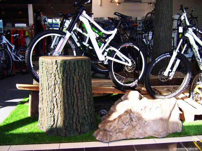 Baumstumpf als Dekoration in einem Fahrradgeschäft